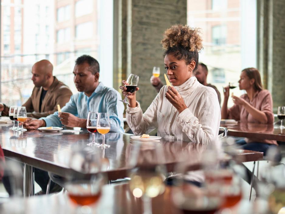 Culinary students learn about cheese and beverage pairings in a wine lab.